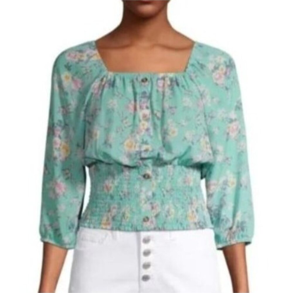 No Boundaries Peasant Top Womens XL Green New Floral On Off Shoulder